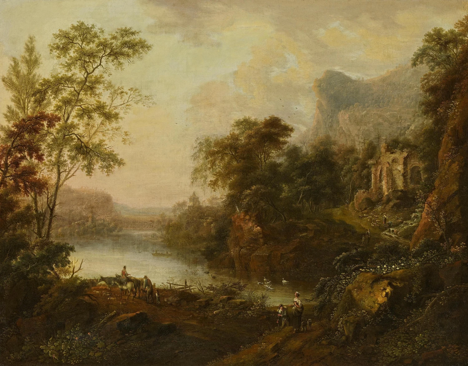 Johann Christian Vollerdt - Paesaggio fluviale con viaggiatori presso una rovina